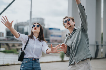 A casual pair of friends wearing sunglasses actively engaging in sightseeing within a modern city...