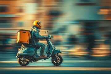 Courier on Teal Scooter with Yellow Box Rides Quickly Through City Street for Express Food Delivery Service