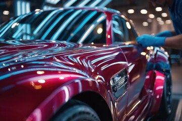 Red sports car is being detailed by a worker in blue gloves in a automotive workshop with bright light reflections