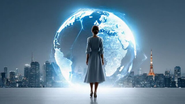 Global Visionary: A woman stands before a digital globe, representing global connectivity and future opportunities.