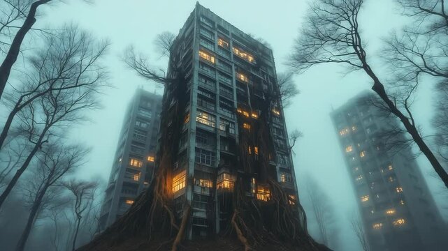 Abandoned apartment houses enveloped by tree roots. The eerie, foggy surroundings create an atmosphere of mystery and intrigue in nature's embrace. Some windows are lit with light