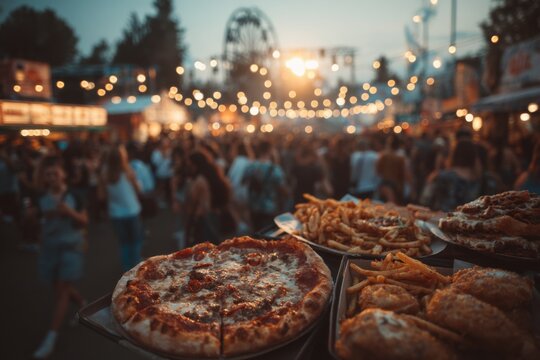Evening fair scene showcasing pizza, french fries, and crowds enjoying food under festive string lights and a ferris wheel.
