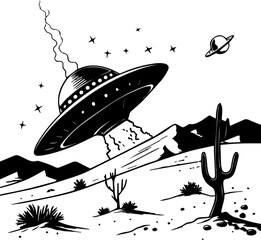 UFO Landing in Desert: Vintage Sci-Fi Extraterrestrial Encounter © Rezowan 