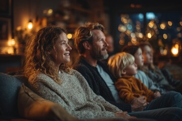 Family with Children Watching a Movie Together at Home, Enjoying Cozy Night with Soft Lighting, Relaxing on a Couch