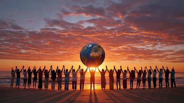 Global Unity: A group of individuals stands together at sunset, arms outstretched in a powerful display of global unity, embracing the earth, symbolizing togetherness and peace. 