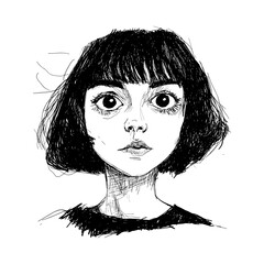 Young woman with short hair in sketch style portraying emotions  