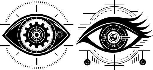 Obraz premium Cybernetic Eye with Gear and Target Silhouettes - Futuristic Vision Tech Vector