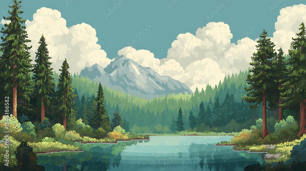 Poster 2d landscape with forest and lake in pixel style, gerative ai
