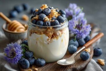 Delicious yogurt parfait with fresh blueberries, granola, and a drizzle of honey displayed with beautiful purple flowers
