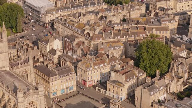 Aerial footage of the spledind, vibrant and unique town of Bath and it Roman's bath in United Kingdom 
