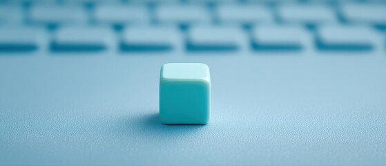 Close-up of a single aqua cube on a light blue keyboard technology still life minimalist aesthetic indoor setting product photography