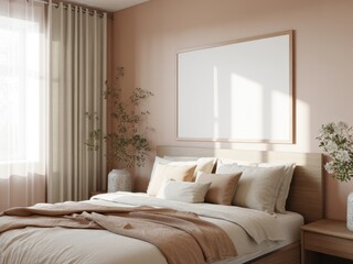 Fototapeta premium Serene Beige Linen Bedroom with Large Blank Canvas for mockup and Natural Light Streaming Through Sheer Curtains