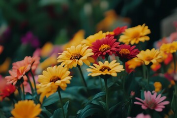 Vibrant yellow and red flowers blooming in a garden setting, showcasing a close-up view of their delicate petals and lush
