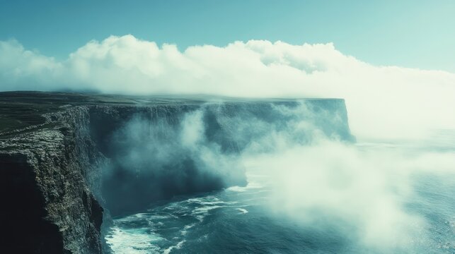 Dramatic coastal cliffs shrouded in mist. - Powered by Adobe