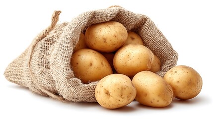 Ripe potatoes in burlap sack. Ai . Isolated on white background .