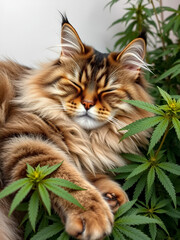Large Maine Coon cat reclines on hemp leaves CBD oil serves as a sedative and pain relief in veterinary care