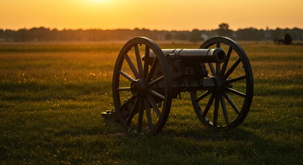 Sunset Silhouette of a Civil War Cannon on a Battlefield at Gettysburg