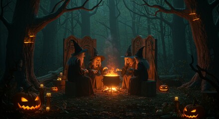 Spooky halloween witches gathering around campfire in dark forest 3d art fog mood night magic scary