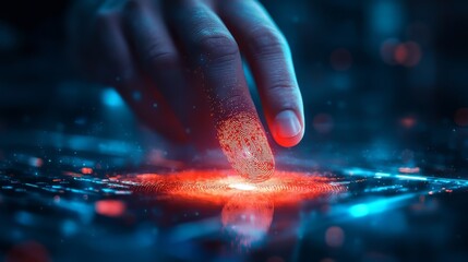 A glowing fingerprint scanner used by a businessman for secure data access and enhanced cybersecurity.