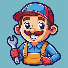 Cartoon Mechanic Character with Wrench – Happy Repairman Logo Illustration