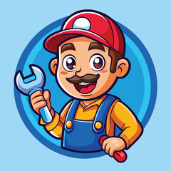 Fototapeta premium Cartoon Mechanic Character with Wrench – Happy Repairman Logo Illustration