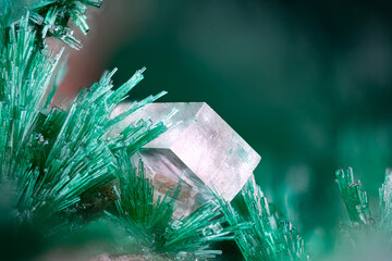 Green Malachite with clear Calcite. Specimen from Tsumeb mine, Namibia. Micro photography extreme close-up. microscope mineral crystal photography for Scientific use.