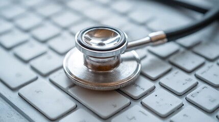 Stethoscope on a white keyboard, close-up, a computer technology concept of online medical or digital health services .