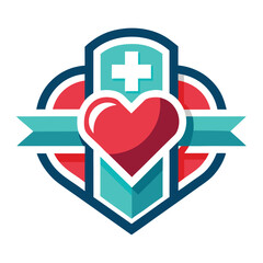 Obraz premium Red Heart and Blue Cross Medical Emblem with Shield and Ribbon Design