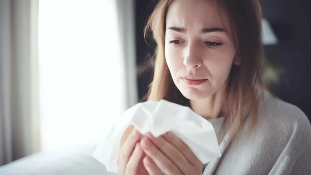 Seasonal flu concept: Woman blowing her nose indoors.