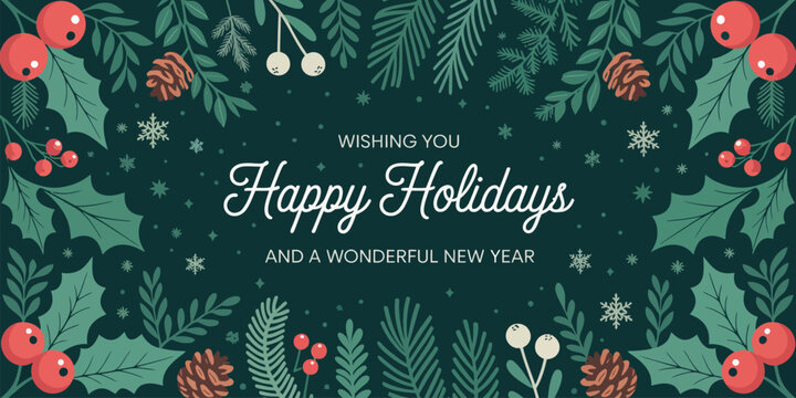 festive holiday greeting card with pine cones, holly leaves, red berries, and snowflakes, wishing happy holidays and a joyful new year