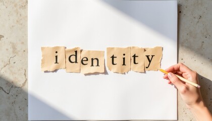 Creative expression in a bright studio showcases a hand assembling the word identity with torn paper pieces on a blank canvas