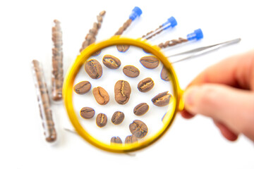Quality control of coffee beans in a lab setting. Test tubes filled with coffee beans, a magnifying glass, and tweezers on a white background, symbolizing scientific analysis