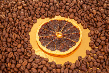A sensory delight featuring dried orange segments layered over rich coffee beans. coffee aroma and...
