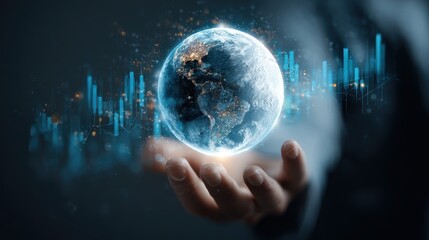 A high-tech transparent hologram of Earth floating above a businessman hand, with AI-generated trade data points and futuristic stock market analytics. 