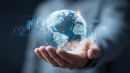A high-tech transparent hologram of Earth floating above a businessman hand, with AI-generated trade data points and futuristic stock market analytics. 