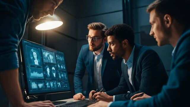 Team Analyzes Data on Computer Screen in Dark Room