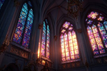 Obraz premium Interior view showcases ornate stained glass windows filling a cathedral with colorful light, and a decorative chandelier overhead.