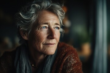 Contemplative mature woman with silver hair and kind face gazes out window in soft light