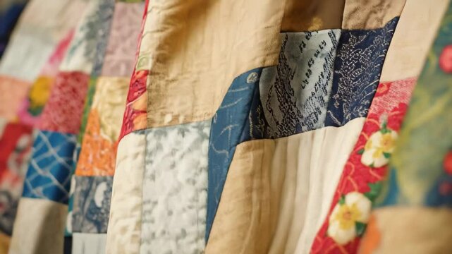 Patchwork textiles are elegantly arranged, showcasing intricate designs and patterns at a lively market. Visitors admire the craftsmanship and artistry