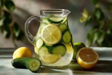 Fototapeta premium Invigorating cucumber and lemon infused water in glass pitcher alongside fresh lemon and sliced cucumber on textured surface