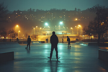 People skate on city street.