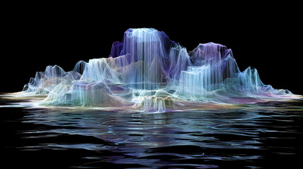 glowing peaks shaped like soundwaves under cascading streams of data