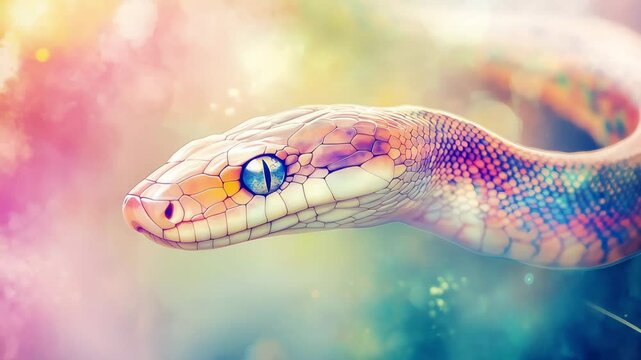 A beautiful snake moves gracefully, showcasing its rich colors and patterns while surrounded by a vivid, dreamlike ambiance. Nature's artistry on display, mesmerizing and serene