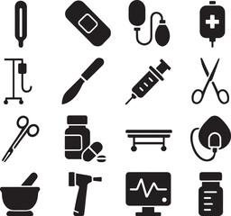 medical icons set, Black and White Silhouette Set of Medical Instruments and Healthcare Essentials,
Monochrome Icon Collection of Clinical Tools – Syringe, Pills, IV Bag, Scissors & More”