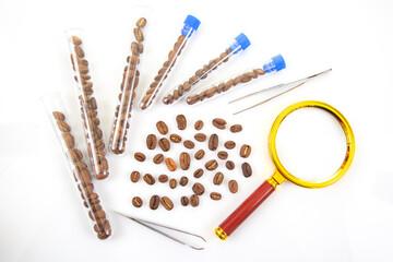 Scientific Coffee Research – A lab-themed composition featuring coffee beans in test tubes,...