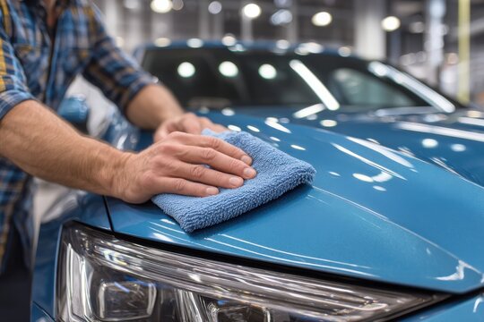 Detail of worker hand polishing modern blue car hood with microfiber cloth in auto body shop for vehicle maintenance