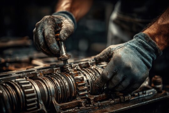 Gloved hands assemble dirty, oily gears inside a complex mechanical transmission system with precision and care for maintenance
