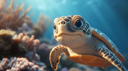 Close-up of a charming sea turtle in a coral reef environment.