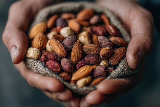 Human hands holding burlap sack full of diverse mixed nuts including almonds, hazelnuts, and salted peanuts snack food