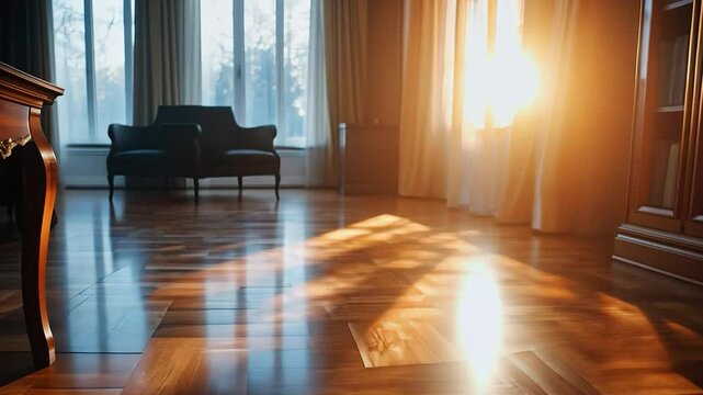 Golden sunlight streaming through window onto parquet floor in elegant interior room
